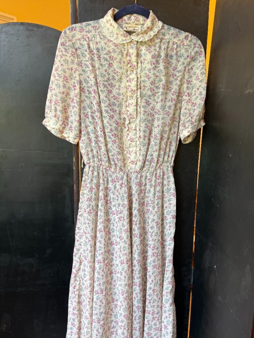 Semi-sheer Vintage 80s Cottagecore Floral Midi Dress w Lace Peter Pan Collar S